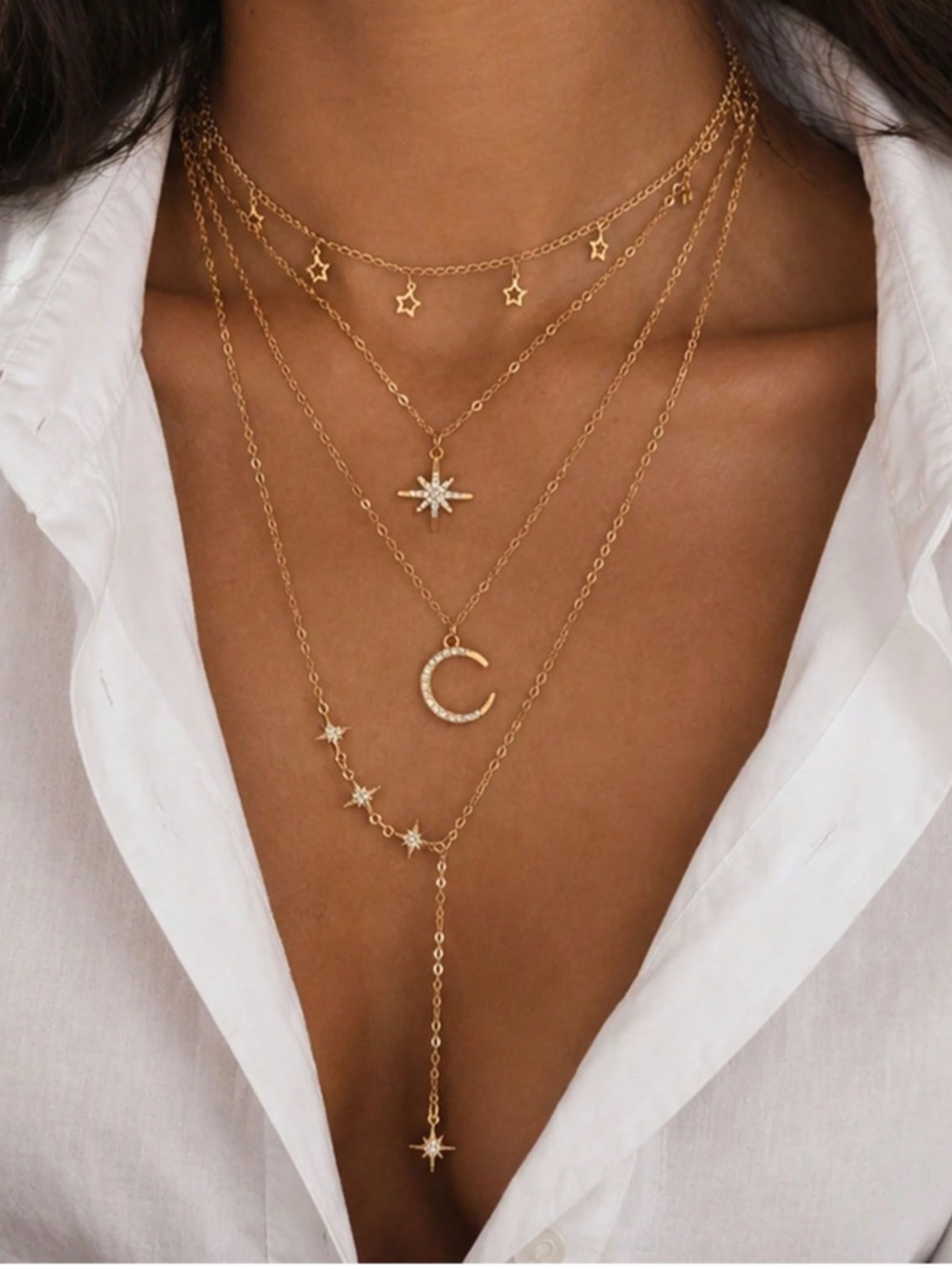Boho Rhinestone Moon Star Y Drop Necklace Set - Picture 1 of 3